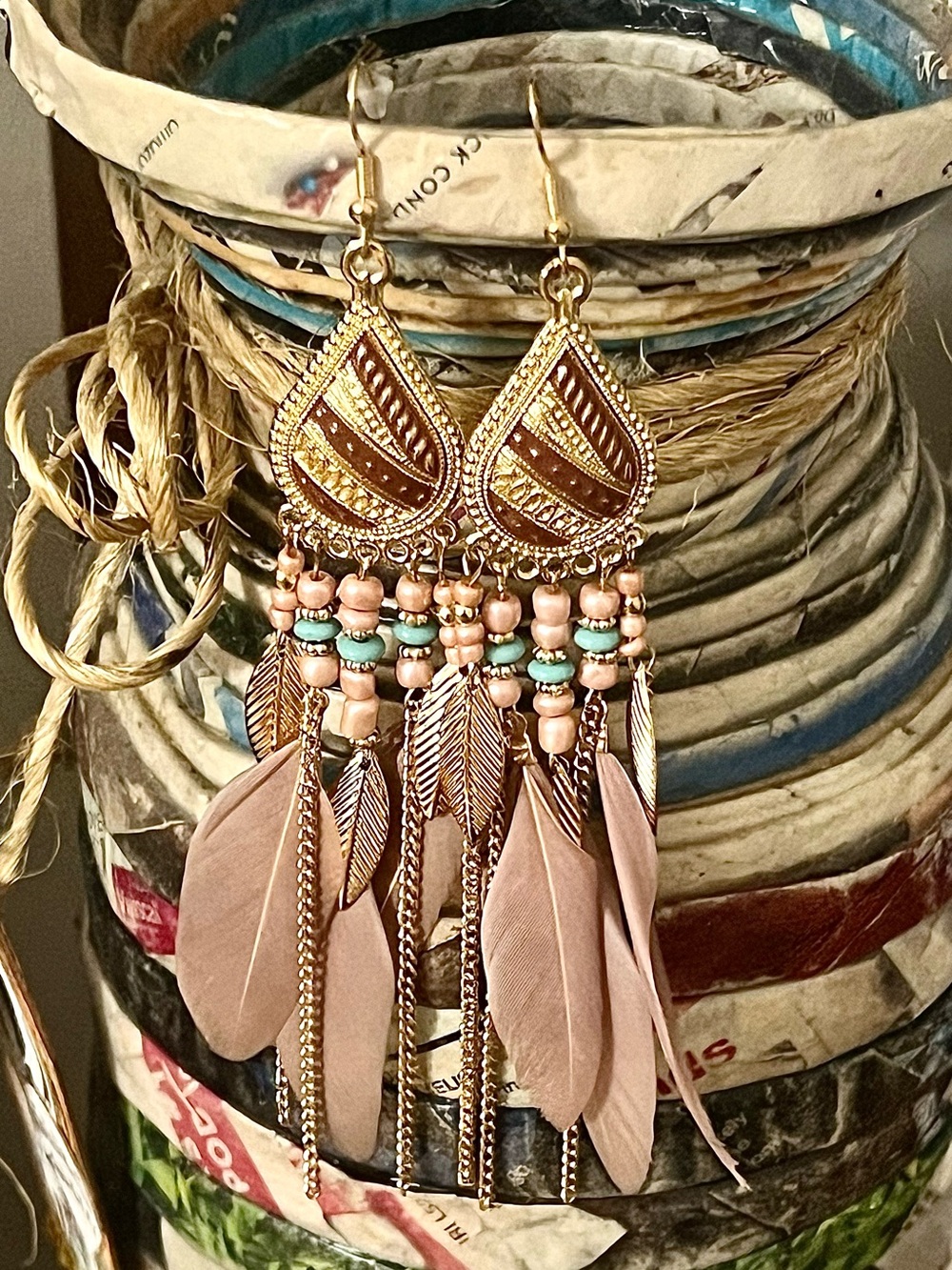 Boho Gold and Blush Feather Dangle Earrings